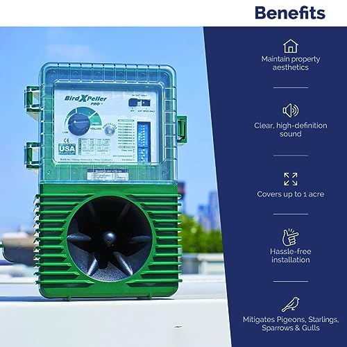 Bird-X BirdXPeller Pro Electronic Bird Preventer Version 1, Sonic Bird Decoy Device, Perfect for Pigeons, Starlings, Sparrows, and Gulls, Covers up to 1 Acre, 3-5 kHz Frequency
