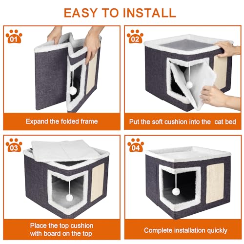 Cat Houses for Indoor Cats - Large Cat Bed Cave with Scratch Pad and Fluffy Ball, Foldable Cat Condo Hideaway with Reversible Cushion for Multi Small Pet, Dark Grey