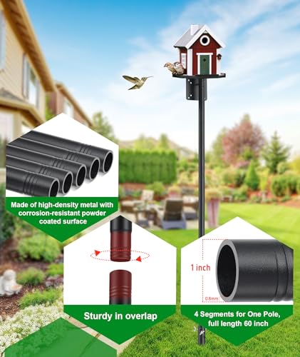 Heavy Duty Bird Feeder Pole - 60 Inch Adjustable 1 Inch Metal Bird House Pole with 14” Deep Auger Base | Outdoor Mount Kit for Bluebird Houses, Hummingbird Feeders, Smart Bird Feeder with Camera