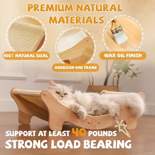 Natural Sisal Cat Scratcher Bed for Indoor Cats Scratching Post Hammock Lounge with Oak Frame, Wooden Cat Furniture for Large Cats, Modern Scratcher