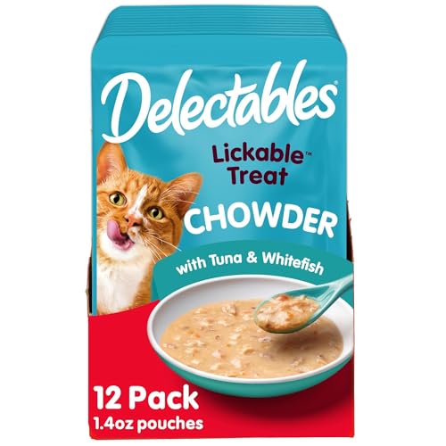Delectables Lickable Treat Chowder Wet Cat Treat with Real Tuna & Whitefish, Food Topper, Hydrating, Grain-Free, No Fillers, By-Products, Added Preservatives, 1.4oz Pouch, 12ct