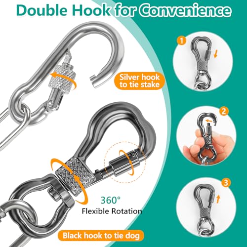 Tresbro Heavy Duty Dog Chains for Outside, 15FT Stainless Steel Tie Out Cable with Swivel Hook for Small Medium Dogs, Metal Chew Proof Pet Runner