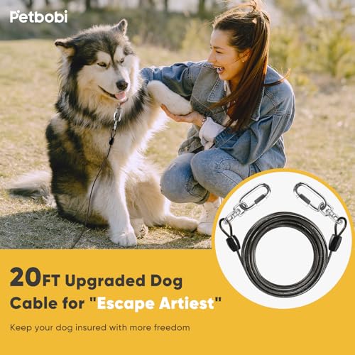 Petbobi Heavy-Duty Dog Tie-Out Cable - 20FT Extra Strong Wire Cable for Large Pets Up to 300Lbs, Rust Proof Dogs Leash with Carabiners and 360°