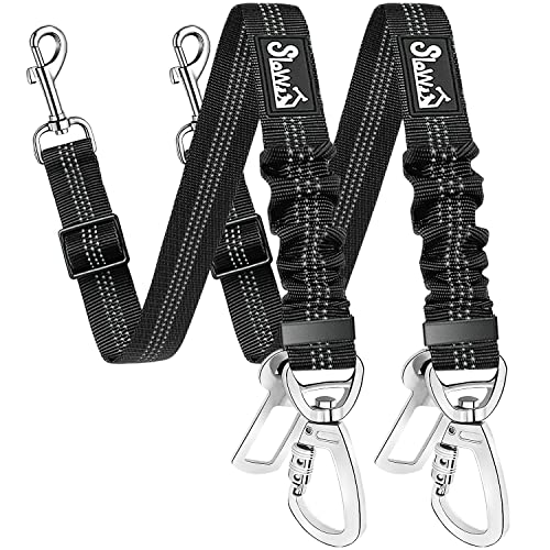 SlowTon Dog Seatbelt, 2 Pack Dog Seat Belt Car Leash Adjustable Elastic Bungee Buffer Heavy Duty Nylon Reflective Pet Safety Tether Connect to Dog