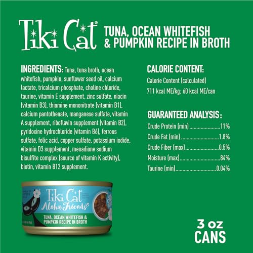 Tiki Cat Aloha Friends Wet Cat Food, Tuna, Ocean Whitefish & Pumpkin, 3 oz. Cans (12 Count)