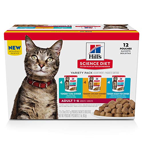 Hill's Science Diet Adult 1-6, Adult 1-6 Premium Nutrition, Wet Cat Food, Variety Pack: Tuna, Chicken, Ocean Fish Stew, 2.8 oz Pouch Variety Pack, Case of 12