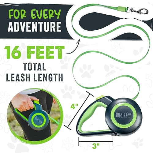 Mighty Paw Retractable Dog Leash 2.0 | 16' Heavy Duty Reflective Nylon Tape Lead for Pets up to 0-50 lbs. Tangle Free Design W/One Touch Quick-Lock