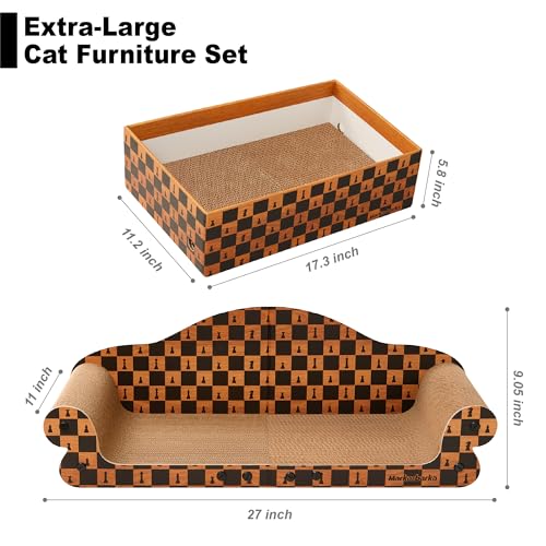 27 Inch Cat Couch Scratcher, Large Cardboard Box with Durable Scratch Pad for Cats, Comfortable Cat Scratching Sofa & Cozy Nest with Reversible Scratchers