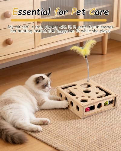 Cat Toys for Indoor Cats - Interactive Box Puzzle Toy Nail File Scratcher Hunting Play Toy with 3 Jingle Balls & 1 Feather Wand, Wooden Puzzle Treat Toy Box Energize Cat Instincts for Bored Cats