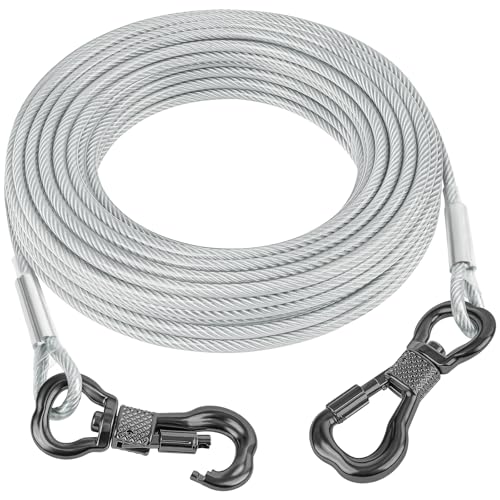 Tresbro 15FT Reflective Tie Out Cable for Dogs Up to 250 Pounds, Steel Wire Lead Leash Cable with Stainless Dual Fix Buckle, Lightweight and