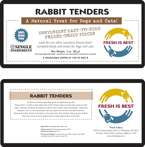 Fresh Is Best Rabbit Tenders Freeze Dried Dog Treats – Raw Freeze Dried Rabbit Dog Treats for Cats & Canines in Resealable Zipper Bag – High-Protein Single Ingredient – Made in the USA