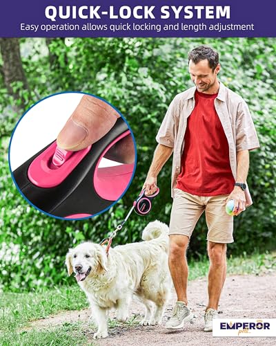 Emperor Pets Pink Heavy Duty Retractable Dog Leash 26 ft – Tangle-Free Nylon Tape, Anti-Slip Grip, Reflective – Retractable Leash for Medium Large