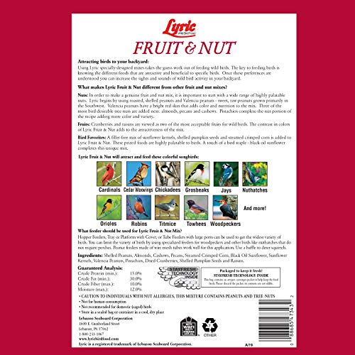 Lyric Fruit and Nut Wild Bird Seed - High Energy Wild Bird Food Mix - Attracts Woodpeckers, Chickadees & Other Songbirds - 10 lb. (pack of 2 - 5 lb bags)