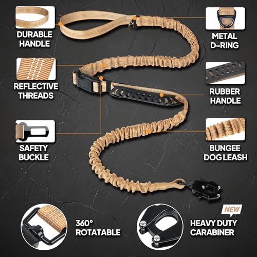 Twoear Heavy Duty Dog Leash for Large Dogs that Pull, 4-7FT Shock Absorbing Bungee Leash with Traffic Handle, Metal Frog Clip, Car Seatbelt