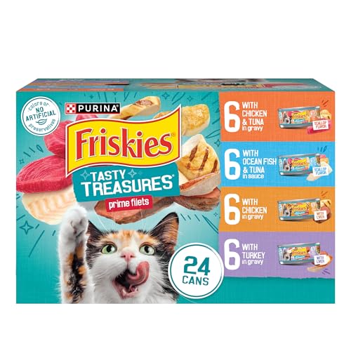 Purina Friskies Wet Cat Food Variety Pack, Tasty Treasures  Filets (With Chicken and Tuna, With Chicken, and With Ocean Fish and Tuna, and With Turkey) - (Pack of 24) 5.5 oz. Cans