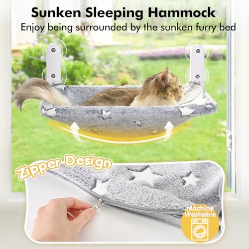 Cat Window Perch, Glow in The Dark Cordless Foldable Pet Hammock Bed for Window with Sturdy Metal Frame, Glowing Stars Pattern Resting Seat for Indoor Cats (Stars - M)