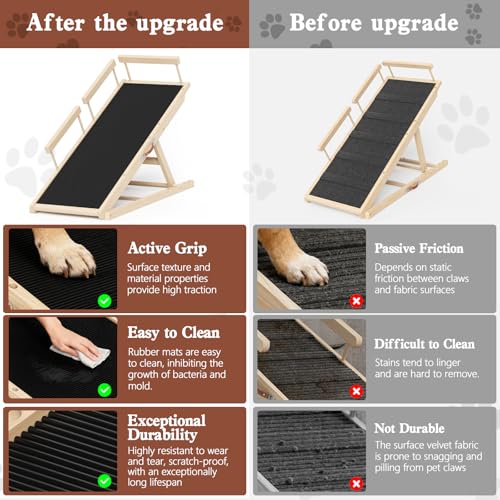 Dog Ramp for High Bed, Couch, Car, Pet Ramps 55.12" Long Adjustable 19.3"-27.17" Wooden Dog Step with Anti-slip Rubber Mat & Safety Side Rails for Small Medium Large Older Pets, up to 250 lbs