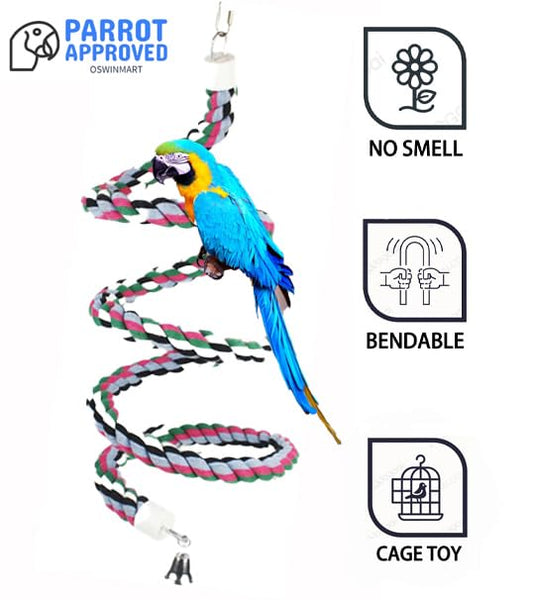 94.4inch Length Colorful Cotton Bendable Rope Perch Swing Bird Chew Toys  Parrots Cage Toys with Bell Swing Climbing Standing Bungee Bird Toys for Regular to Big Size Birds