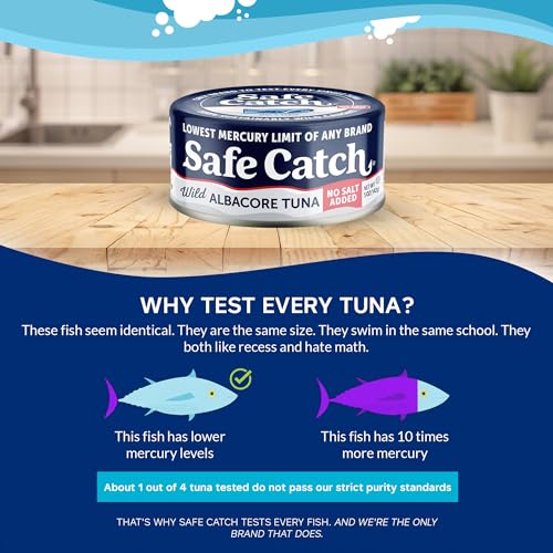 Safe Catch Canned Lowest Mercury Limit Albacore Tuna Fish No Salt Added, Wild Caught, Gluten-Free, Kosher, Keto, 5oz Can, 6-Pack