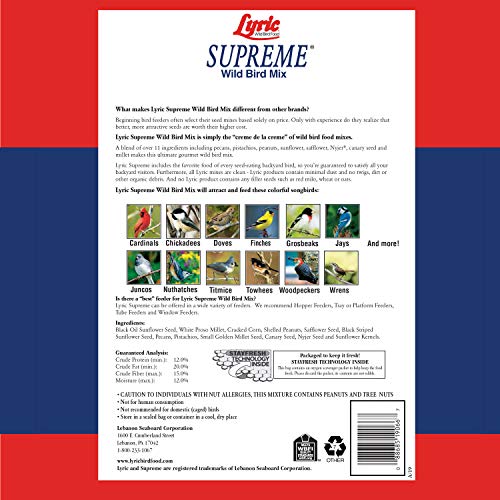 Lyric Supreme Wild Bird Seed for Outside Feeders - Wild Bird Food Mix with Nuts & Sunflower Seeds, Attracts Many Beautiful Songbirds, 40 lb Bag