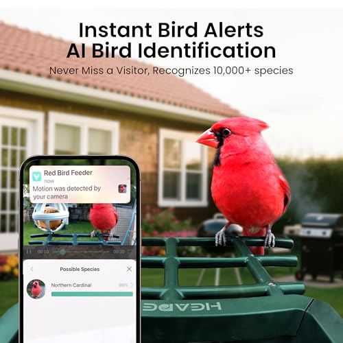 Smart Bird Feeder with Camera Solar Powered, 2K HD Video, AI Bird Species Identification, Instant Arrival Alerts, Weatherproof Design for Effortless Birdwatching, Best Gift for BirdLovers, Red
