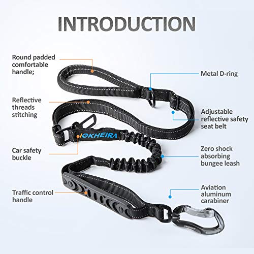 IOKHEIRA Multifunctional Tactical Dog Leash Heavy Duty,4-6 FT Strong Bungee Leash with Car Seatbelt, Shock Absorbing Dog Lead for Large, Medium Dogs