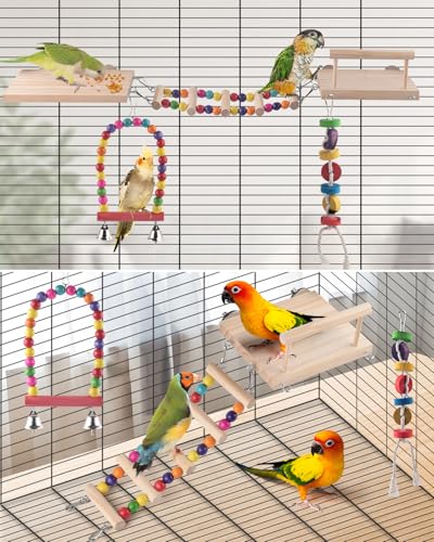 5in1 Bird Parakeet Toys, Detachable Birdie Perches Platform Swing with Climbing Ladder, Parrot Cage Stand Accessories, Wooden Playing Gyms for Conure Cockatiel Lovebird Finch Budgerigar Pigeon