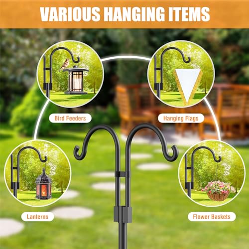Relx Bird Feeder Pole - Adjustable Double Shepherds Hooks for Bird Feeder with 5 Prong Base - 76 Inch Heavy Duty Shepherds Hooks for Outdoor,Hanging Garden Plant,Solar Light Lanterns