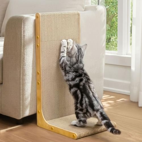 Cardboard Cat Scratcher,23 Inch L Shape Scratch Pad Wall Mounted,Vertical Scratching Board, Durable Cardboard to Protect Furniture for Indoor Cats,Wood Grain Large