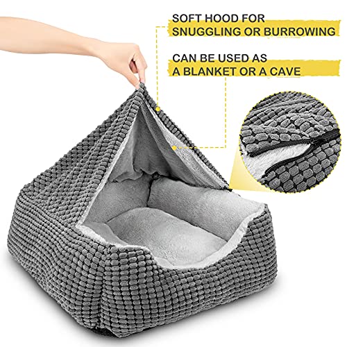 GASUR Dog Beds for Small Medium Large Dogs with Cover Cave, Rectangle Hooded Dog Puppy Bed with Blanket, Cozy Anti-Anxiety Cat Beds for Indoor Cats, Anti-Slip Bottom and Machine Washable (20", Grey)