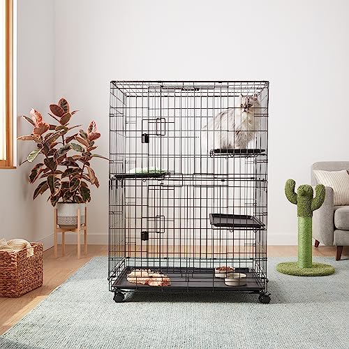 Basics Large 3-Tier Cat Cage Playpen with Easy to Clean Removable Tray, Front Doors, Portable, Foldable, 35.8" x 22.4" x 50.6", Black