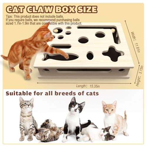 Cat Scratch Puzzle Enrichment Box, Large Solid Wood Construction Cat Nail File Enrichment Box with Sandpaper Inside, Cat Nail File Box Stress Free Alternative to Clippers and Grinders(No Bell Ball)