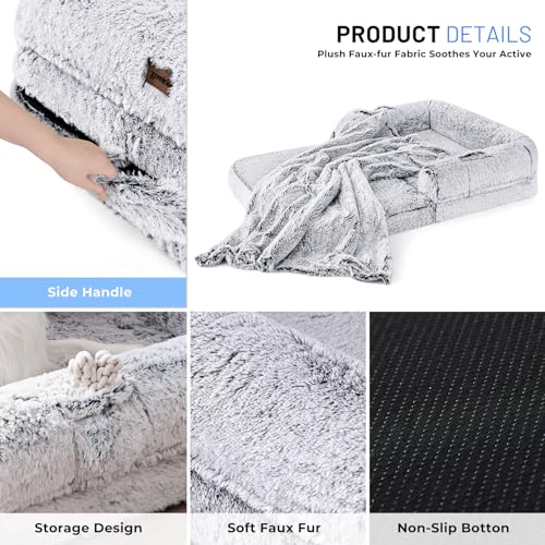 Human Dog Bed for Adult, 2 in 1 Foldable Giant Dog Bed for People Fits Pet Families, Egg Foam Supportive Mat, Waterproof Liner, Faux Fur Human Size Pet Bed with Blanket, 71"x43"x10", Grey