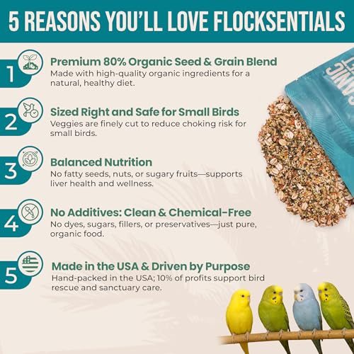 80% Organic Parakeet Food - No Fillers, Fatty Seeds, or Dyes - Budgies, Lovebirds & Parrotlets - Premium Human Grade Seed Mix, Grain & Wholesome Veggies – Made in USA (2 lbs)
