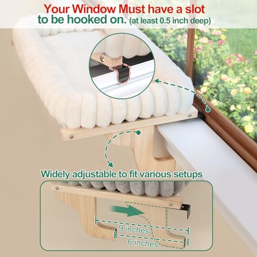 Zakkart SnugCloud Cat Window Perch with 4-Sided Bolster - Orthopedic Cat Hammock for Window Sill - Solid Hardwood & Metal Frame - Window Seat for Pets (Natural Color Wood w/White Bed, Medium)