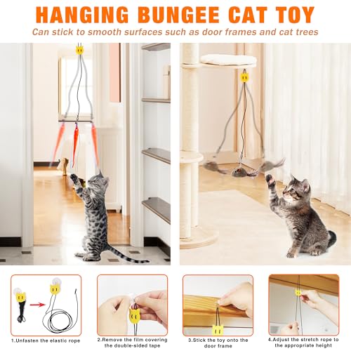 JXFUKAL Interactive cat Toy, Automatic Cat Wand Toy with Stable Wooden Base, 2 PCS Detachable Cat Teaser, 5PCS Refills Replacement & Hanging Elastic String, Kitty Kitten Toys Feather Spring Bird Toy