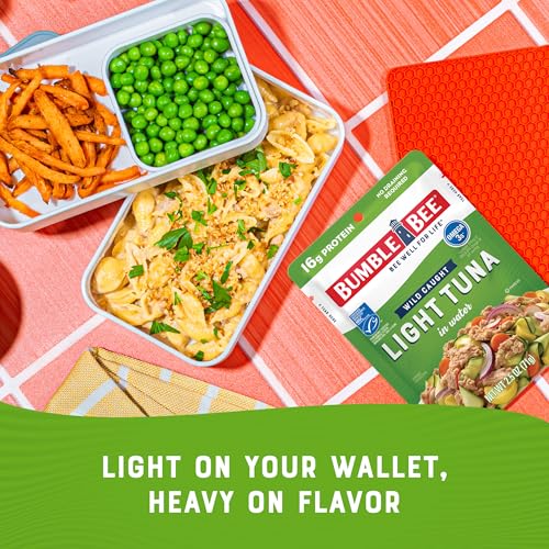 Bumble Bee Chunk Light Tuna in Water, 2.5 oz Pouches (Pack of 12) - Ready to Eat Wild Caught Skipjack Tuna Packet - 16g Protein per Serving - MSC Sustainable Seafood, Non-GMO, Gluten Free, Kosher