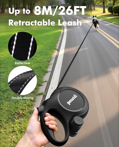 Pecute Retractable Dog Leash 26ft with Chew Proof Extender for 33-110 lbs | Heavy Duty Dog Leash Retractable for Large Biter with Poop Bag Holder