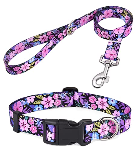Mihqy Dog Collar and Leash Set with Bohemia Floral Tribal Geometric Patterns - Soft Ethnic Style Collar Adjustable for Small Medium Large Dogs(Pink
