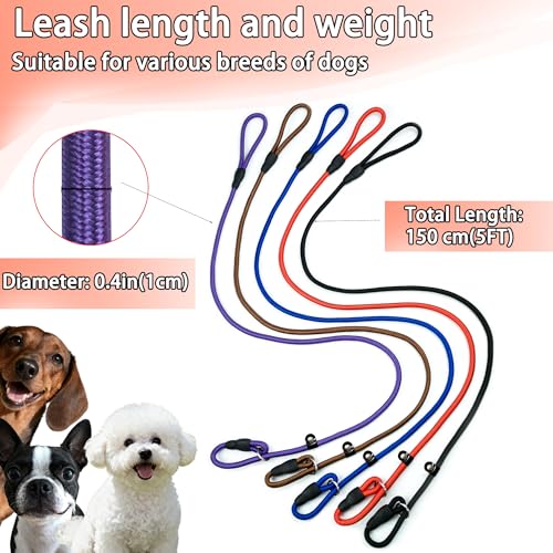FOVRLZSE Nylon Dog Leash 5-Pack (Red/Black/Blue/Brown/Purple), 4.6FT Training Leash for Small to Medium Dogs, 10mm Braided Nylon with TPU Non-Slip