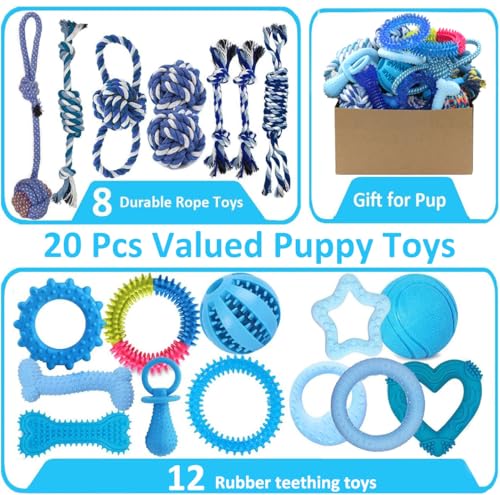 Beiker 20 Pack Puppy Chew Toys - Blue Dog Teething Toys for Puppies, Puppy Teething Rings and Ropes, Rubber Toy Bundle for Small Dogs, Cute Interactive Dog Balls for Small Breed