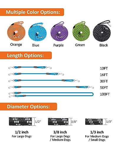 Long Dog Leash for Training 10FT/16FT/20FT/30FT/50FT/100FT, Reflective Tie Out, Heavy Duty Dog Lead for Large, Medium & Small Dogs - Outside Walking