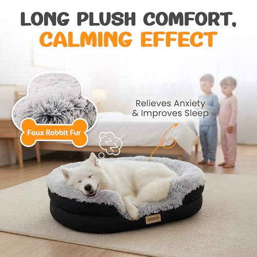 Fluffy Orthopedic Dog Bed for Large & Extra Large Dogs, Calming Plush Sofa Bed with Curved Bolster Support and Egg-Crate Foam Base, 43" Cozy Oval Pet Donut Bed with Washable Cover, Gray