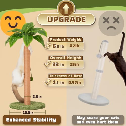 Meowoou Cat Scratching Post 33 Inch Tall Cat Scratcher for Indoor Cats Adults,Small Cat Tree Tower Sisal Rope Kitten Scratch with Interactive Hanging Ball