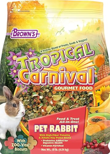 F.M. Brown's Tropical Carnival, Gourmet Pet Rabbit Food with High-Fiber Timothy and Alfalfa Hay Pellets, Probiotics for Digestive Health, Vitamin-Nutrient Fortified Daily Diet, 10 lb.