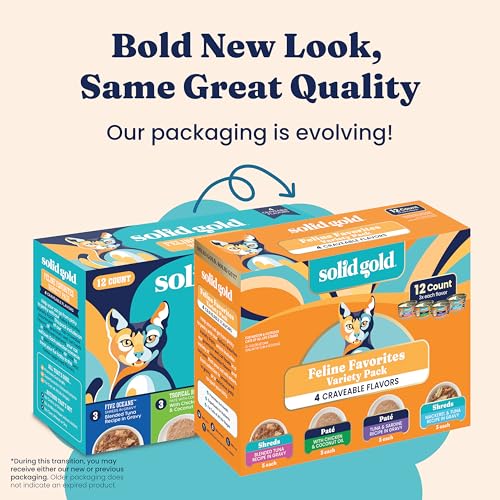 Solid Gold Wet Cat Food Variety Pack - Pate & Shreds in Gravy - Healthy Canned Cat Food Pate w/Real Chicken, Tuna, Mackerel & Sardine - Grain Free