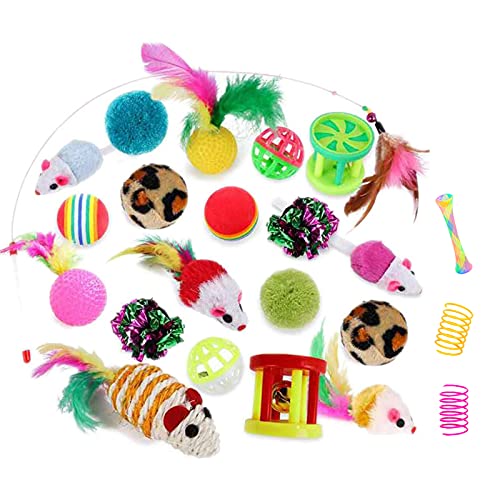 32Pcs Cat Toys Kitten Interactive Pet Toys Assortments, Foldable Rainbow Tunnel, Teaser Wand Fluffy Mouse Crinkle Balls Bell Play for Puppy Kitty (3 way)
