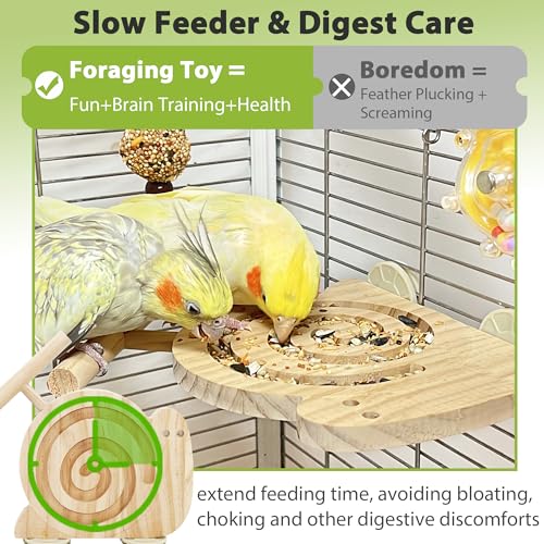 Bird Foraging Toys with Perch, Kiln-Dried Wood Bird Enrichment Toys for Slow Feeder, Parakeet Toy for Cages Reduce Seed Mess, Visible Food Design Parrot Puzzle for Novice/Older/Slow-Learning Birds