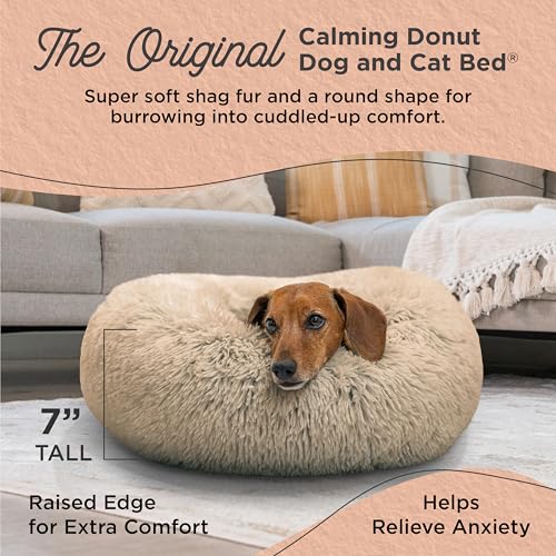 Best Friends by Sheri The Original Calming Donut Dog Bed – Washable Plush Pet Bed for Cats & Small Dogs up to 25 lbs, Shag Faux Fur, Taupe, Small (23" x 23")