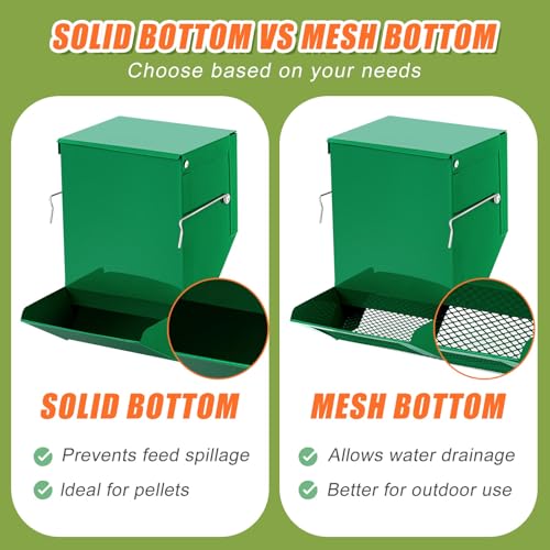 Maxcheck 2 Pcs Rabbit Feeder for Cages Small Animal Food Pellet Dispenser with Lid Metal Chicken Grit Oyster Shell Squirrel Feeders Outside(4.7 Inches,Mesh Bottom,Green)